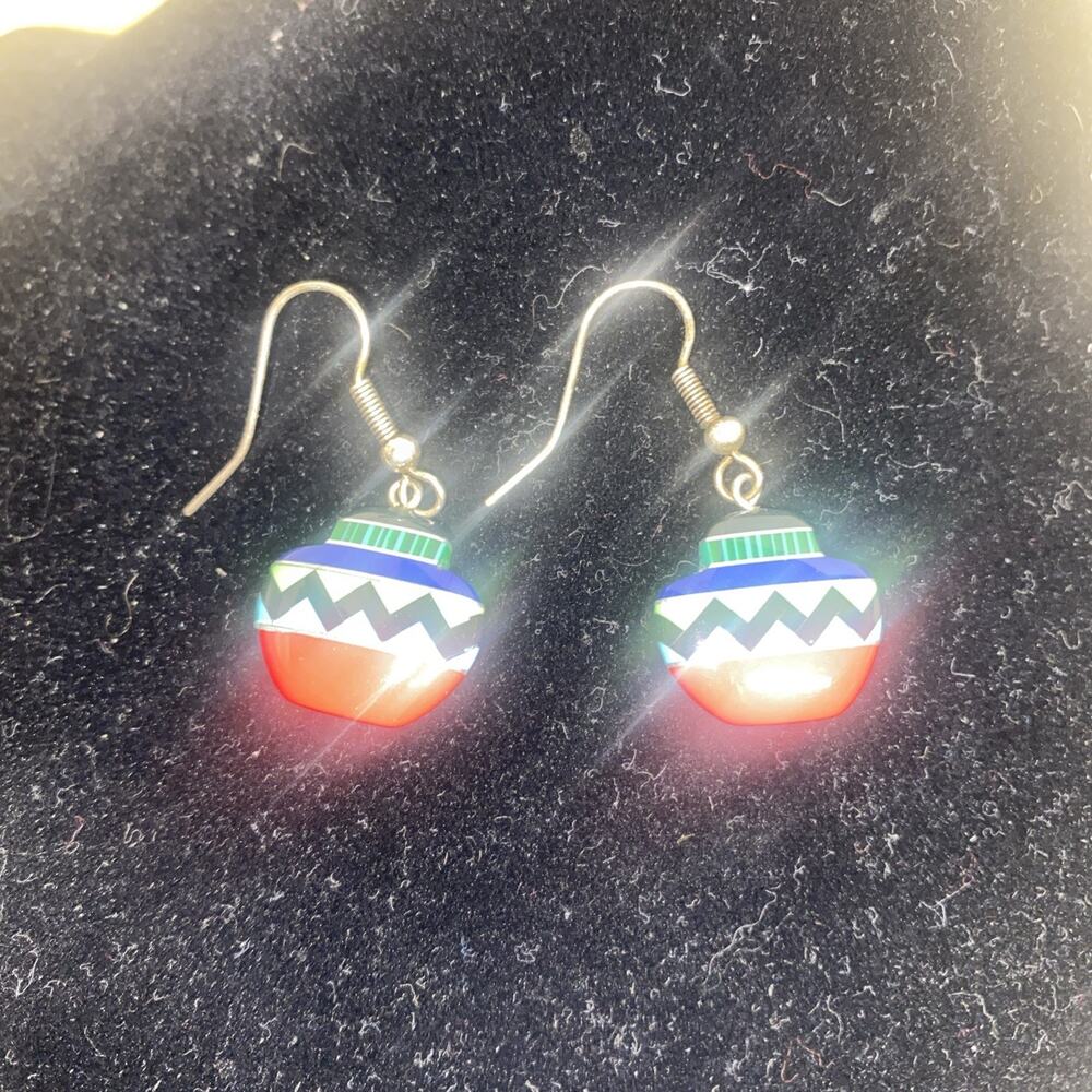 Vintage Zuni Sterling Silver Multi Stone Coral Pierced Earrings Native American